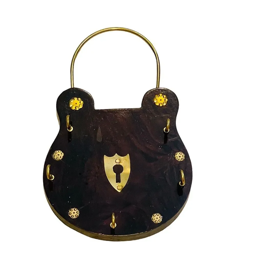 10/$25🦋 Dolls of India Wooden Padlock with 5 Hooks Key Hanger